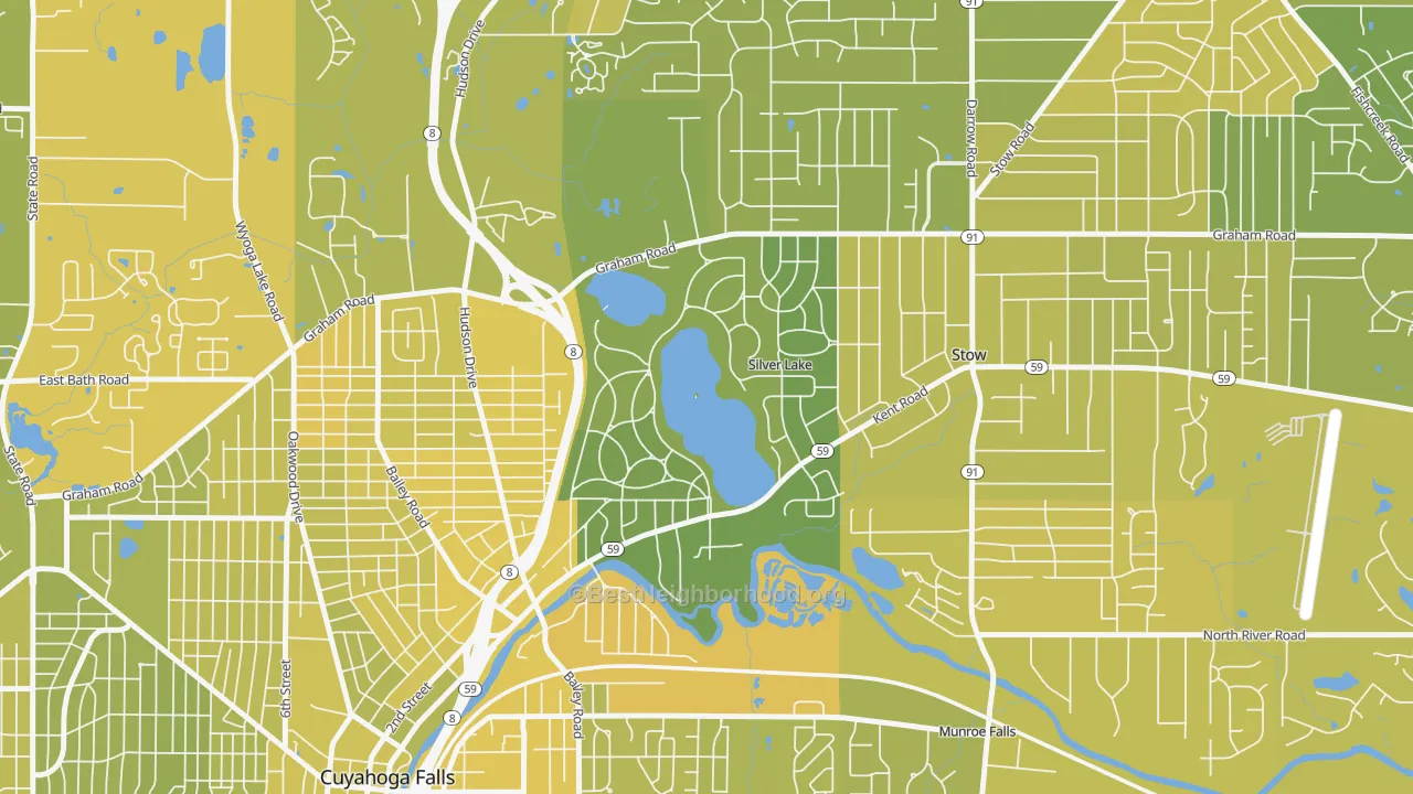 Map of the best neighborhoods in the Silver Lake area, with better matches in green and worse matches in red