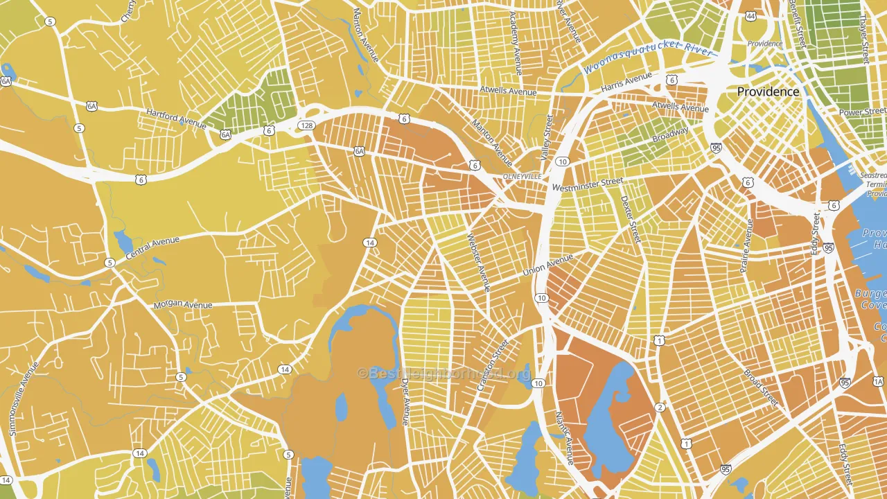 Map of the best neighborhoods in the Silver Lake, Providence area, with better matches in green and worse matches in red