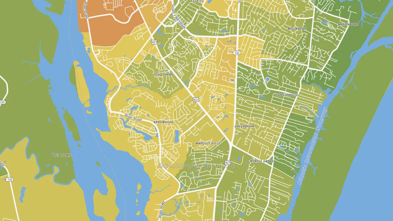 Map of the best neighborhoods in the Silver Lake, Wilmington area, with better matches in green and worse matches in red