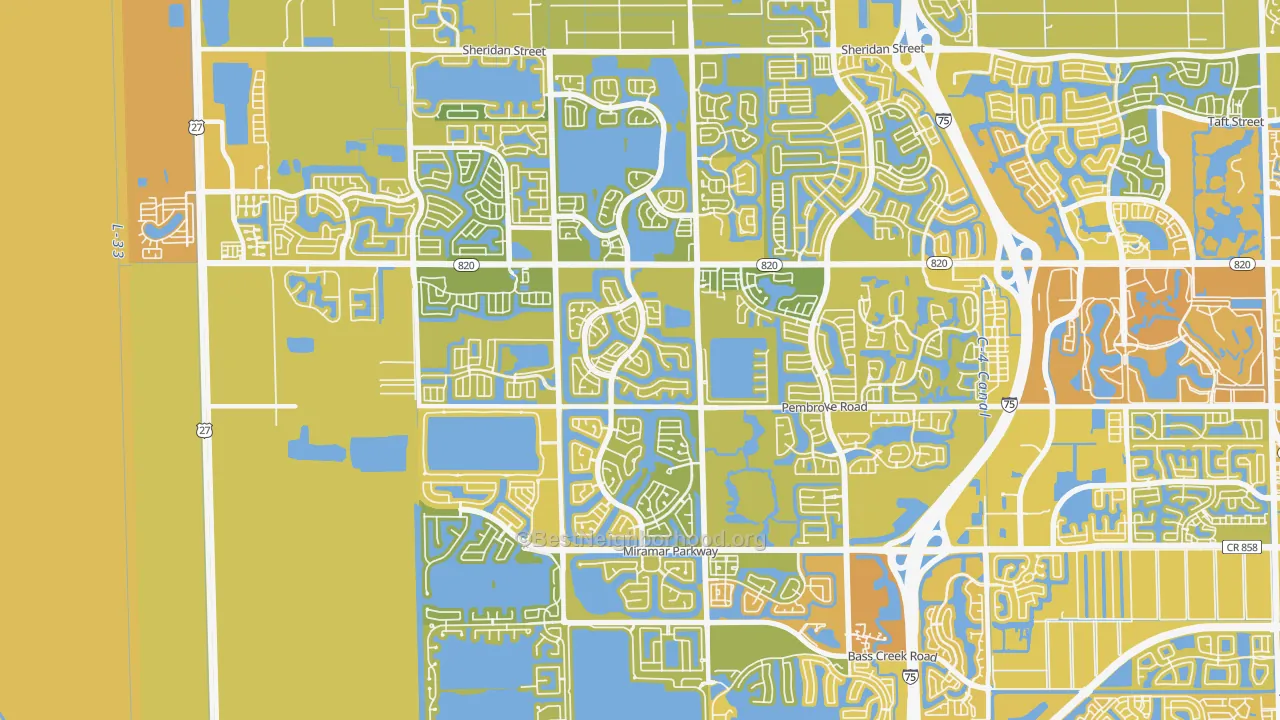 Map of the best neighborhoods in the Silver Lakes, Pembroke Pines area, with better matches in green and worse matches in red