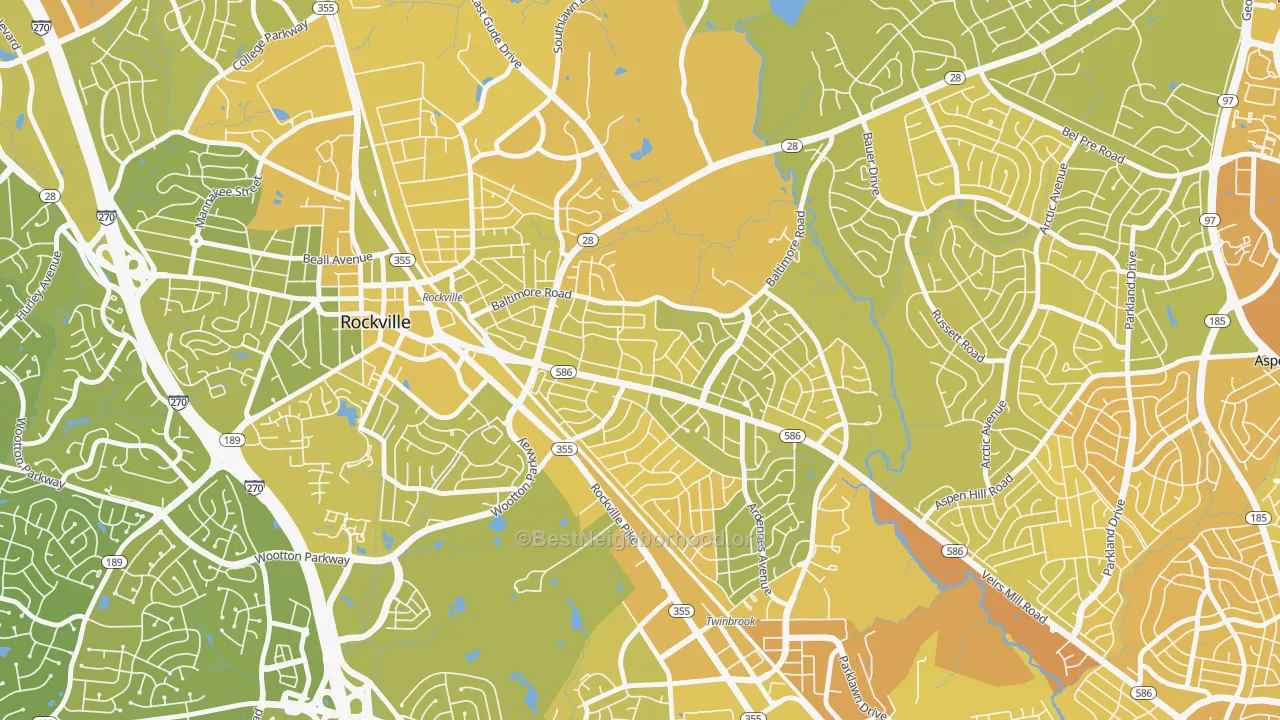 Map of the best neighborhoods in the Silver Rock, Rockville area, with better matches in green and worse matches in red