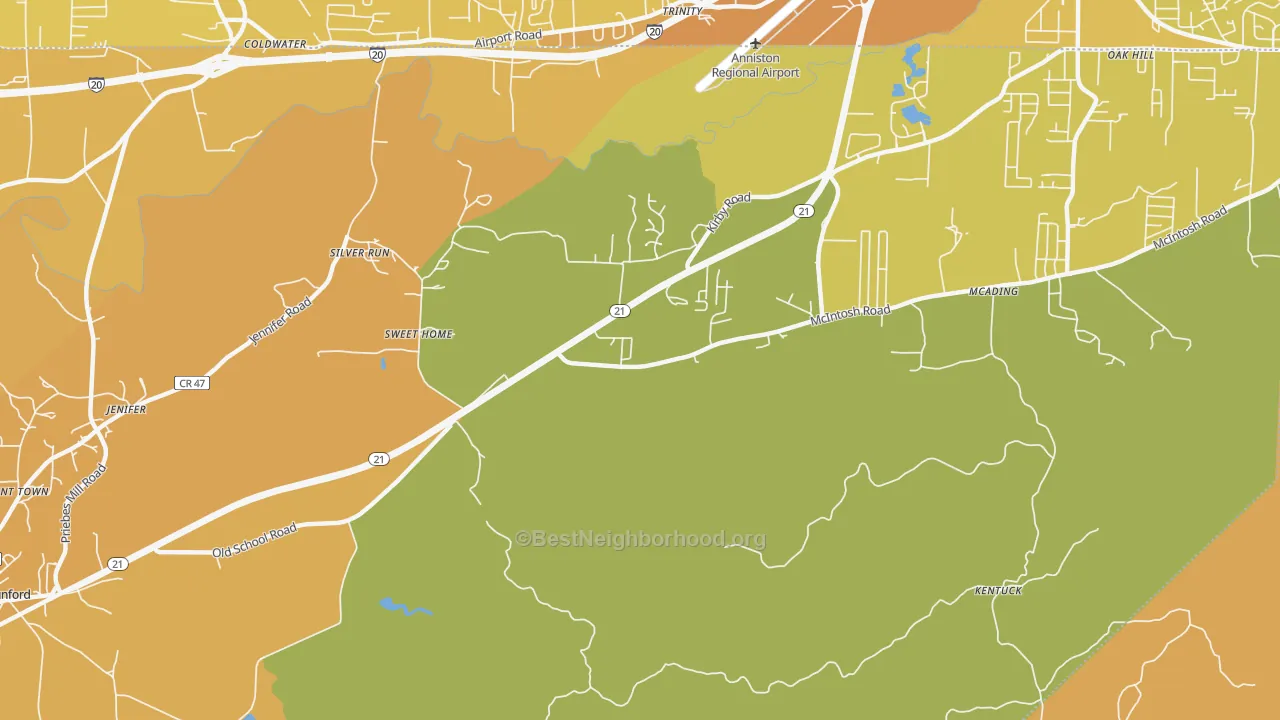 Map of the best neighborhoods in the Silver Run area, with better matches in green and worse matches in red