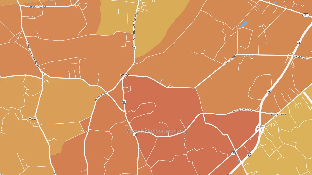 Map of the best neighborhoods in the Silver area, with better matches in green and worse matches in red