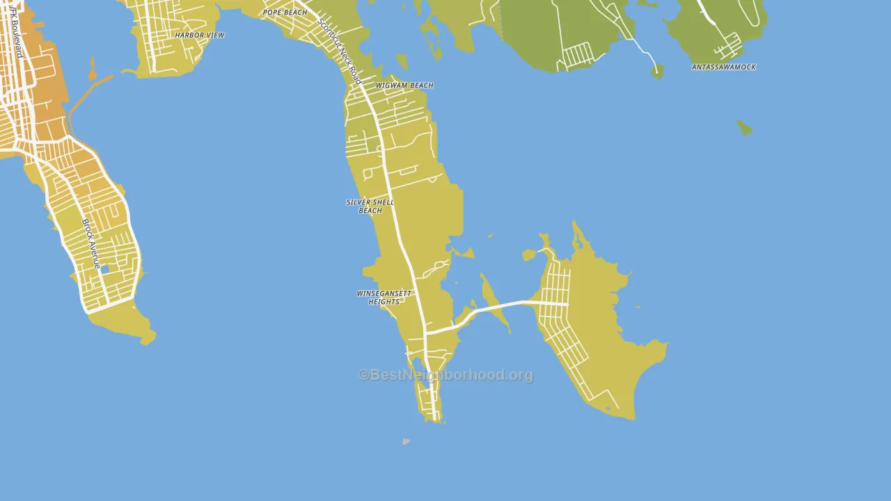 Map of the best neighborhoods in the Silver Shell Beach area, with better matches in green and worse matches in red