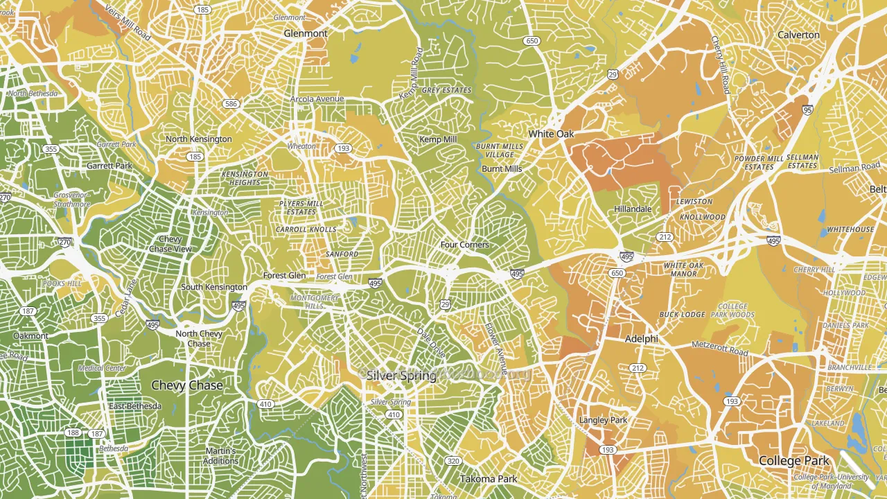 Map of the best neighborhoods in the Silver Spring area, with better matches in green and worse matches in red
