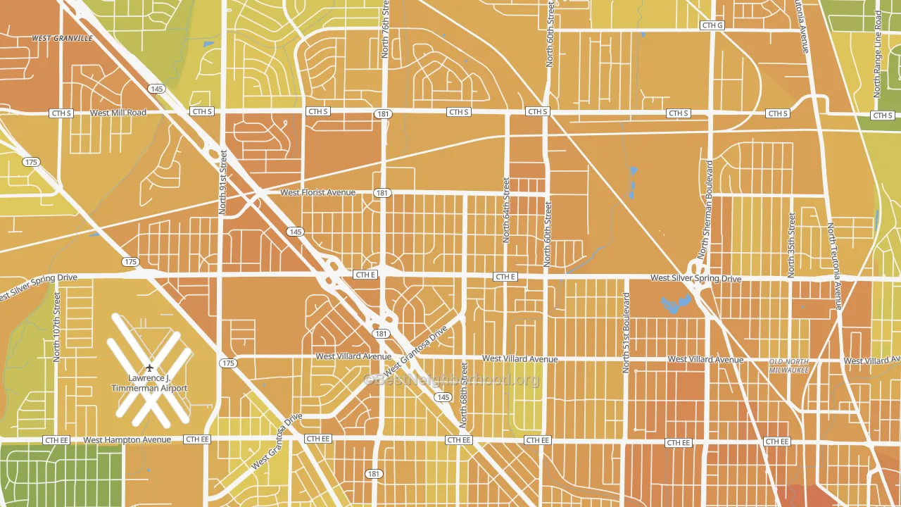 Map of the best neighborhoods in the Silver Spring, Milwaukee area, with better matches in green and worse matches in red