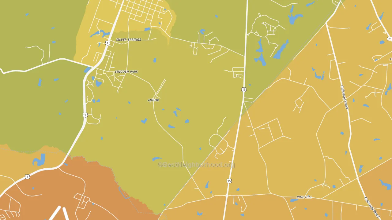 Map of the best neighborhoods in the Silver Spring area, with better matches in green and worse matches in red