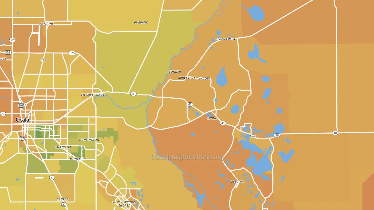 Map of the best neighborhoods in the Silver Springs area, with better matches in green and worse matches in red