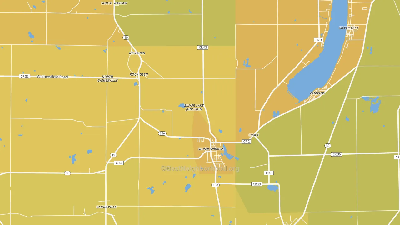 Map of the best neighborhoods in the Silver Springs area, with better matches in green and worse matches in red