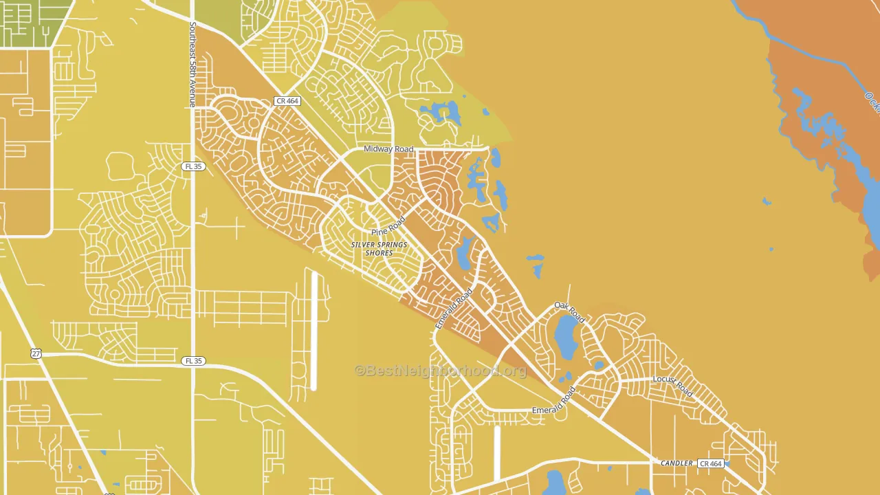Map of the best neighborhoods in the Silver Springs Shores area, with better matches in green and worse matches in red