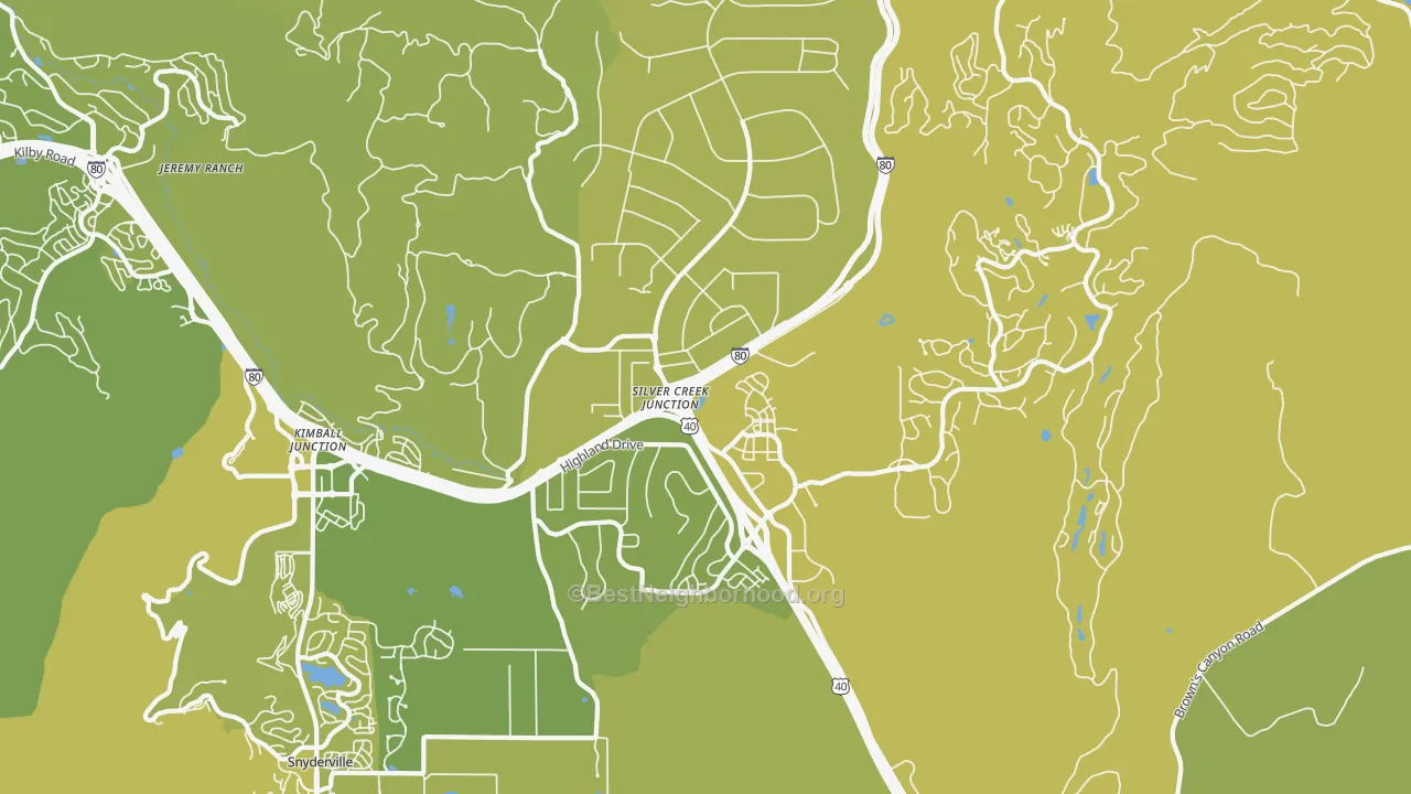 Map of the best neighborhoods in the Silver Summit area, with better matches in green and worse matches in red