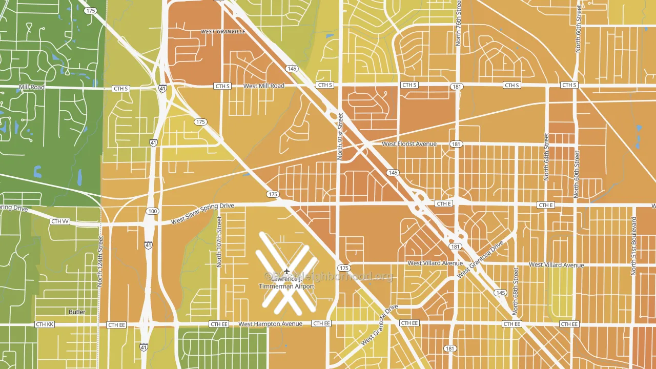 Map of the best neighborhoods in the Silver Swan, Milwaukee area, with better matches in green and worse matches in red