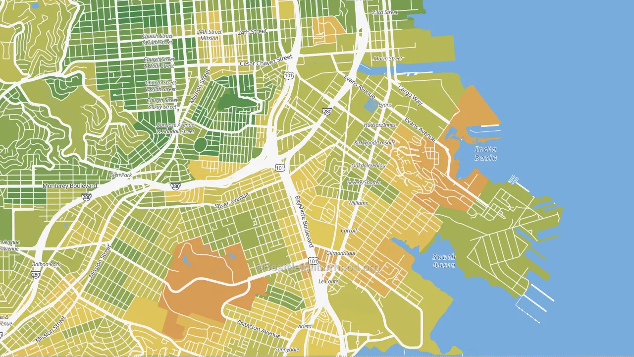 Map of the best neighborhoods in the Silver Terrace, San Francisco area, with better matches in green and worse matches in red