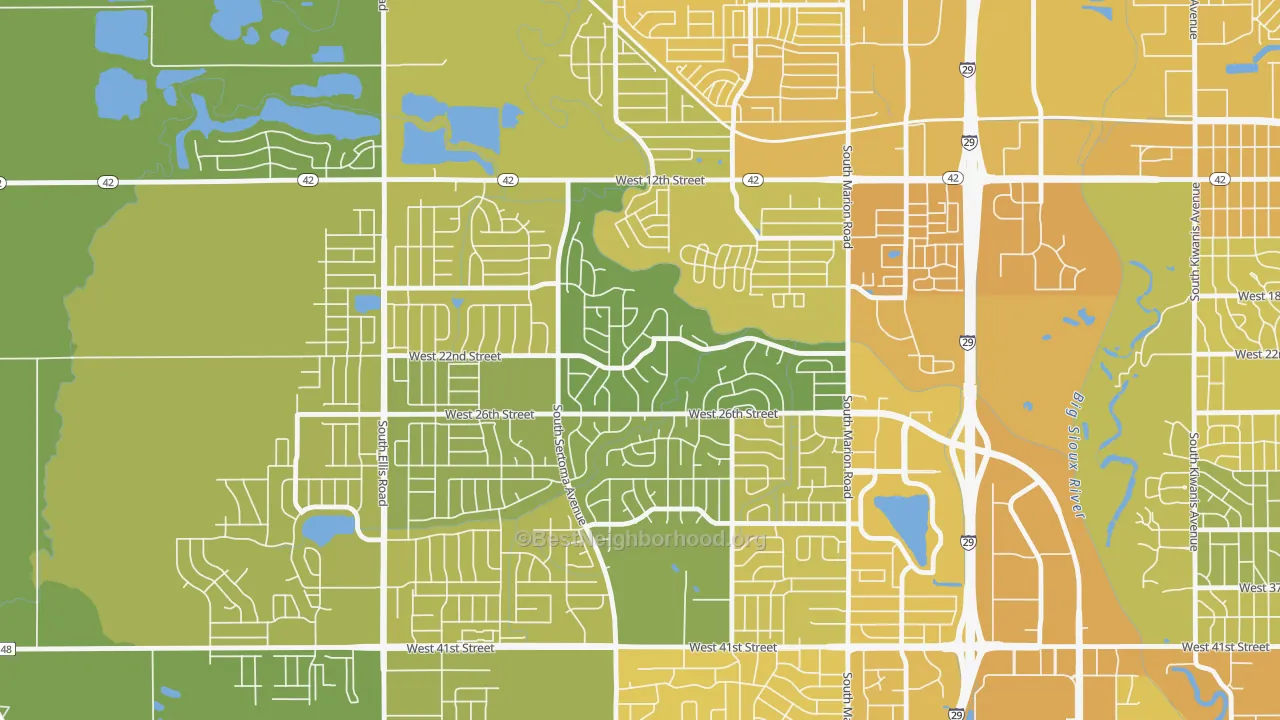 Map of the best neighborhoods in the Silver Valley Addition, Sioux Falls area, with better matches in green and worse matches in red