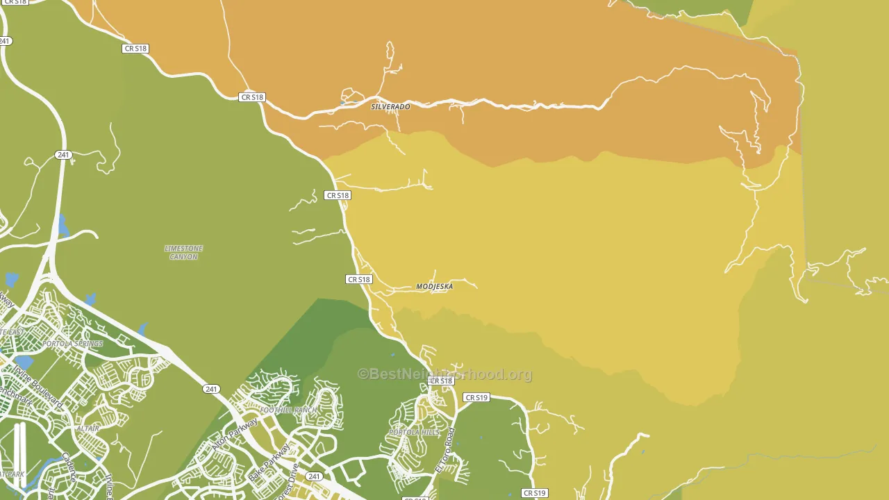 Map of the best neighborhoods in the Silverado area, with better matches in green and worse matches in red