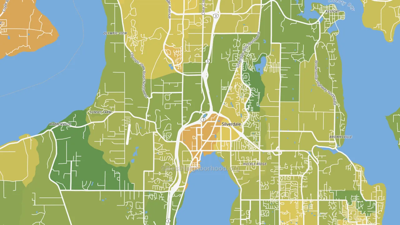 Map of the best neighborhoods in the Silverdale area, with better matches in green and worse matches in red