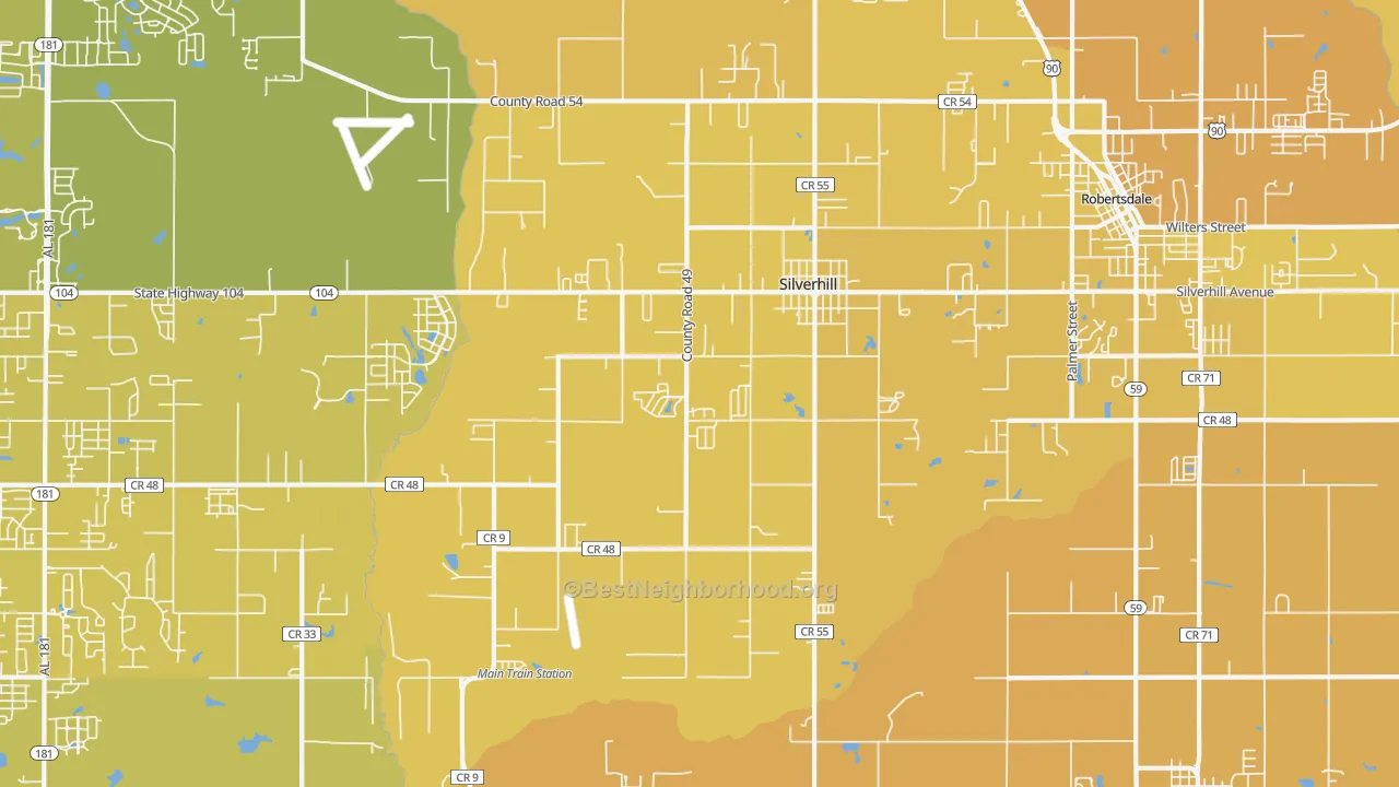 Map of the best neighborhoods in the Silverhill area, with better matches in green and worse matches in red