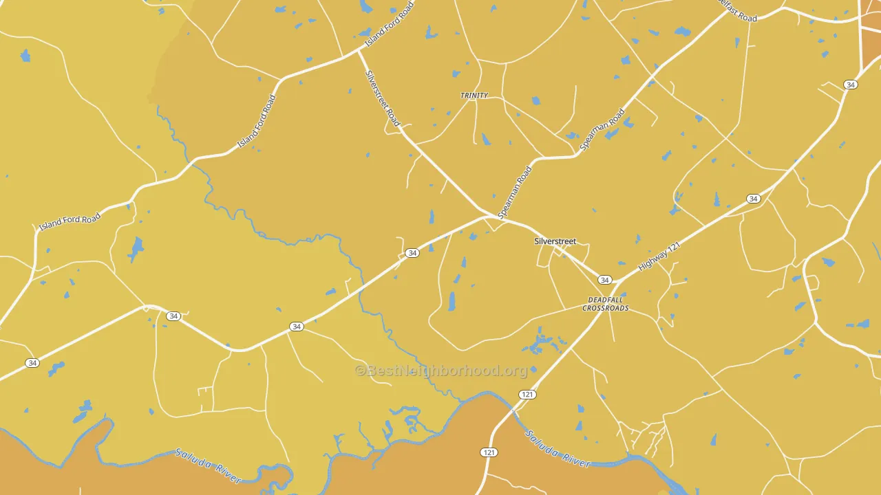 Map of the best neighborhoods in the Silverstreet area, with better matches in green and worse matches in red