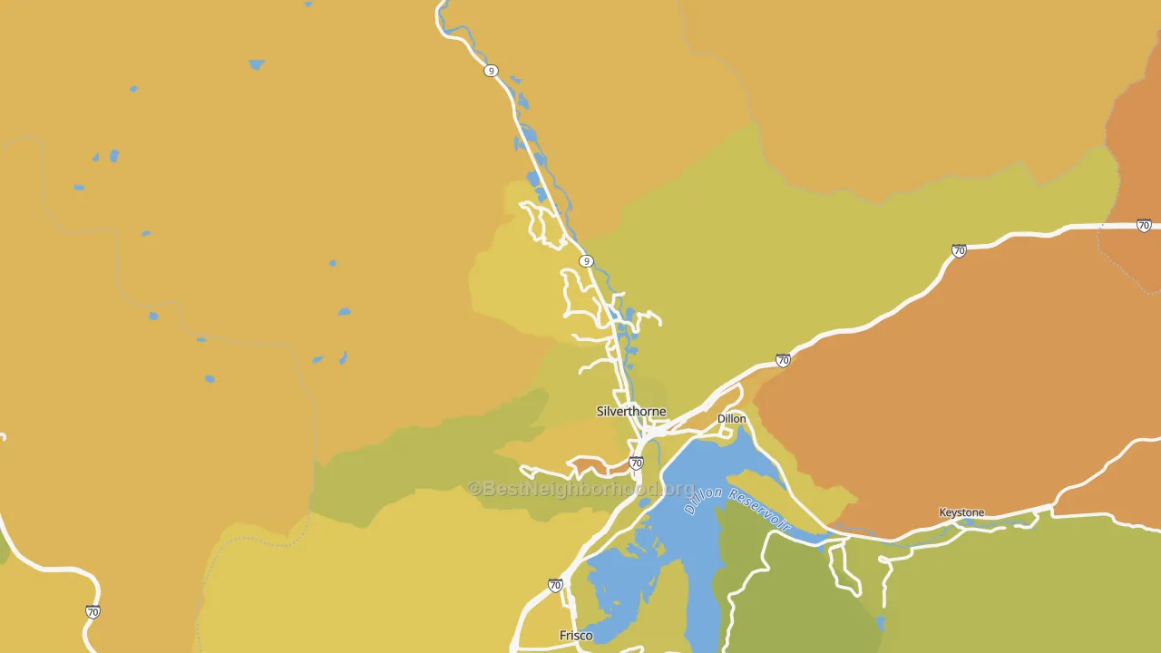 Map of the best neighborhoods in the Silverthorne area, with better matches in green and worse matches in red