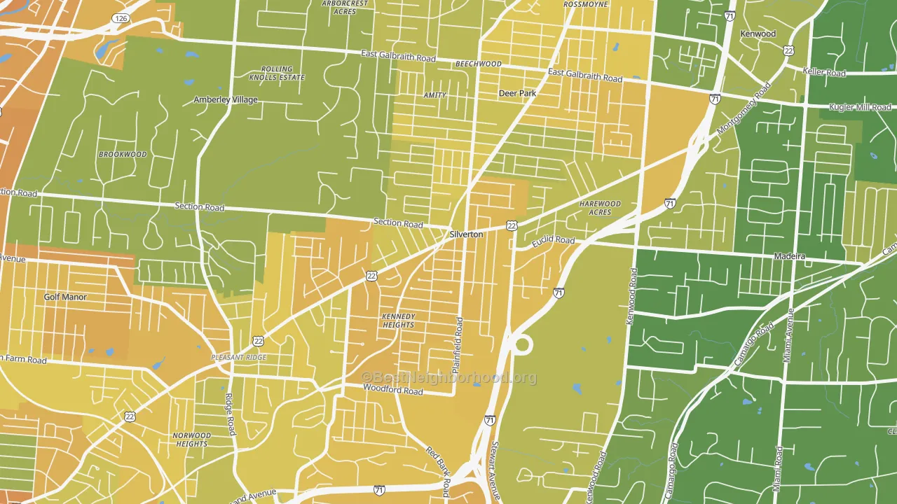 Map of the best neighborhoods in the Silverton area, with better matches in green and worse matches in red