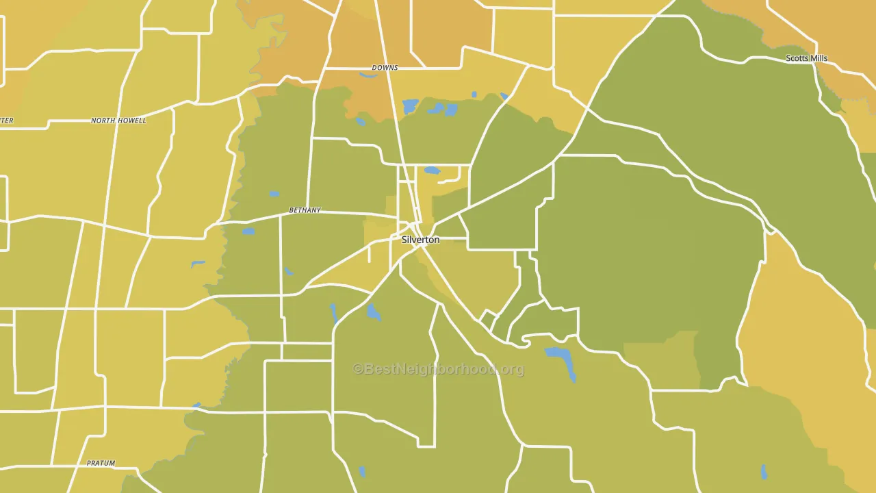 Map of the best neighborhoods in the Silverton area, with better matches in green and worse matches in red