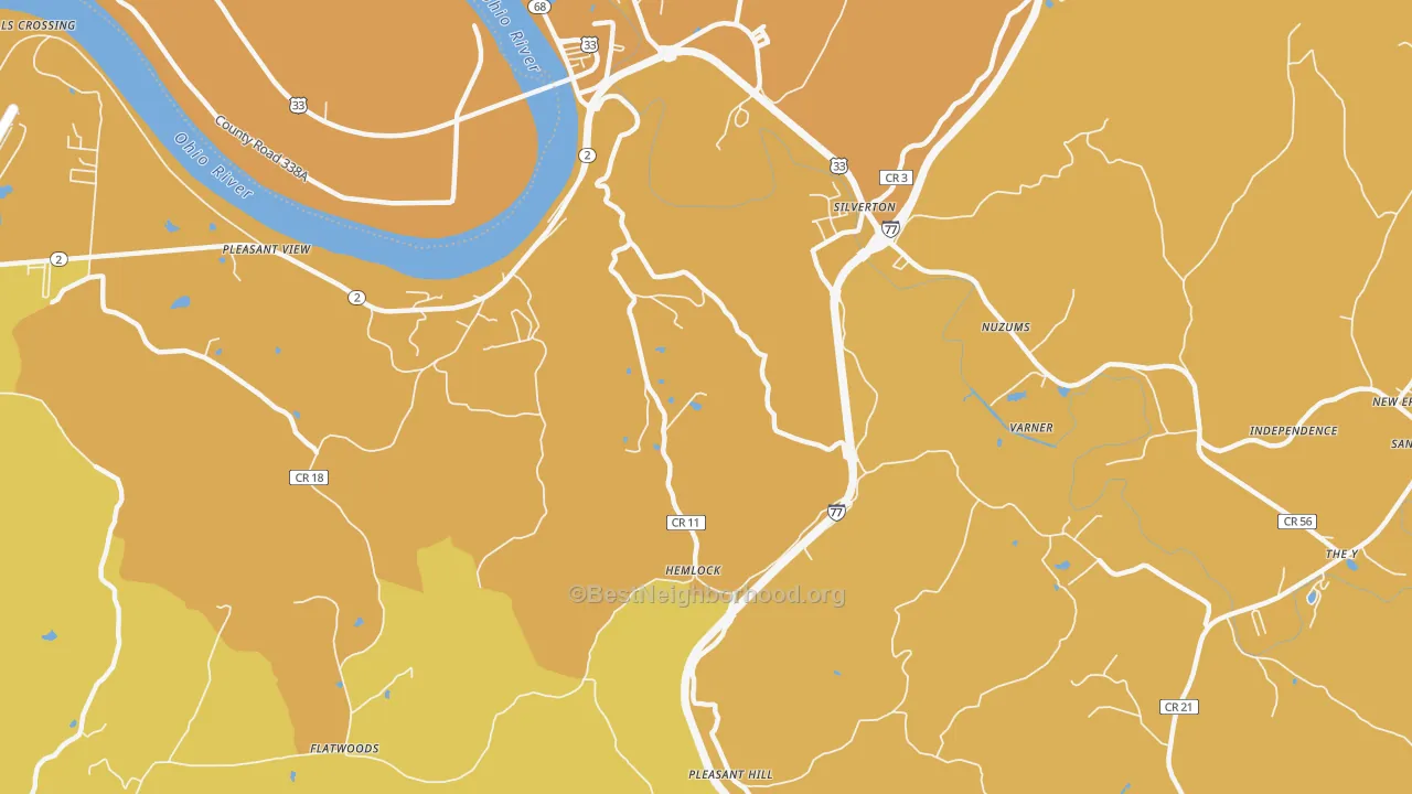 Map of the best neighborhoods in the Silverton area, with better matches in green and worse matches in red