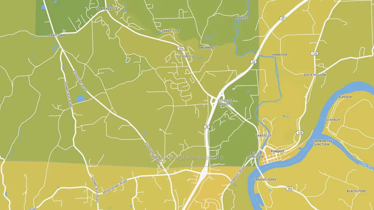 Map of the best neighborhoods in the Silverville area, with better matches in green and worse matches in red