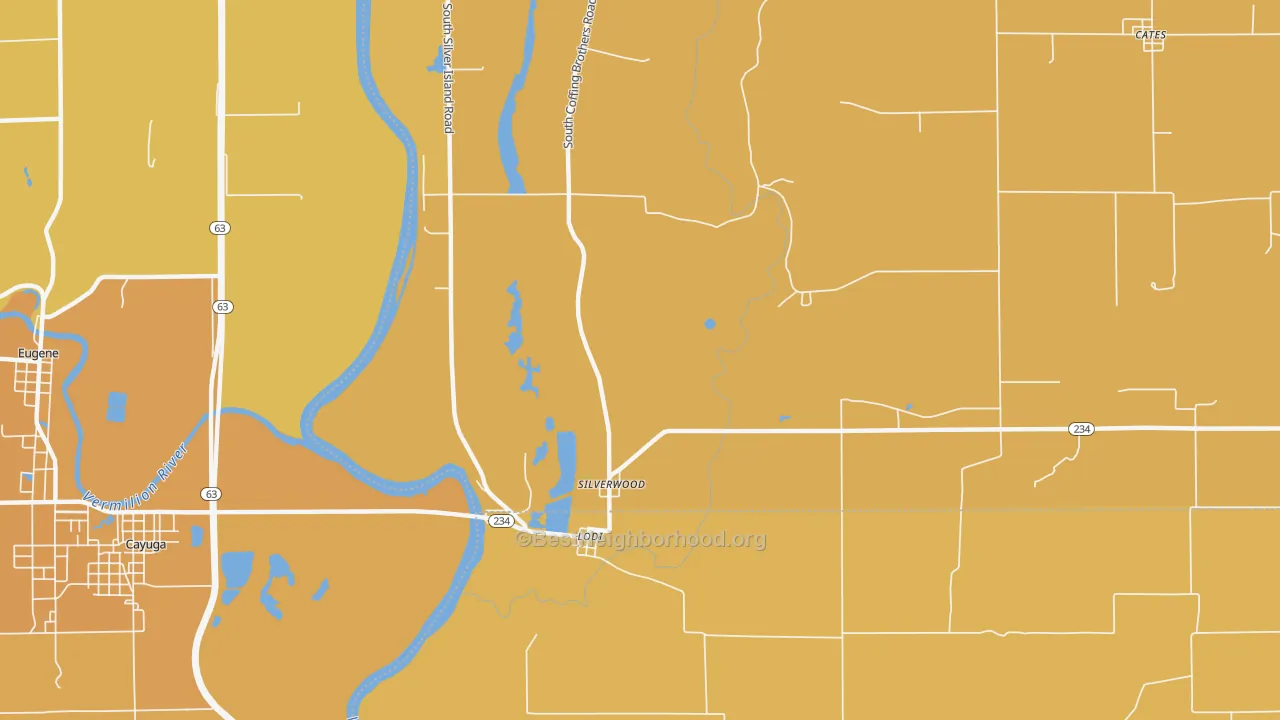 Map of the best neighborhoods in the Silverwood area, with better matches in green and worse matches in red