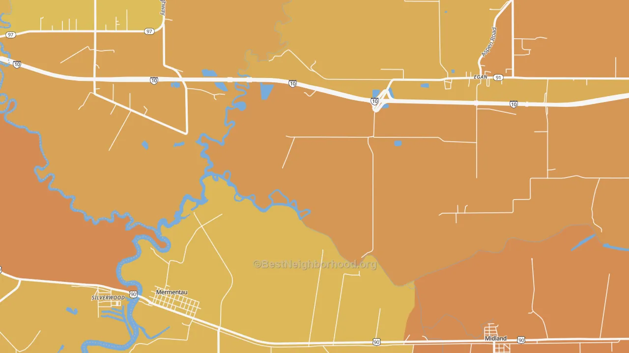 Map of the best neighborhoods in the Silverwood area, with better matches in green and worse matches in red