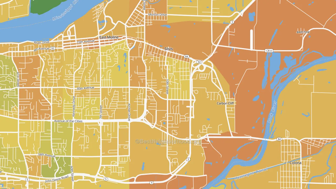 Map of the best neighborhoods in the Silvis area, with better matches in green and worse matches in red