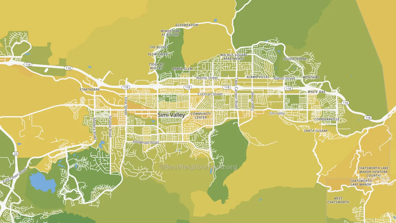 Map of the best neighborhoods in the Simi Valley area, with better matches in green and worse matches in red