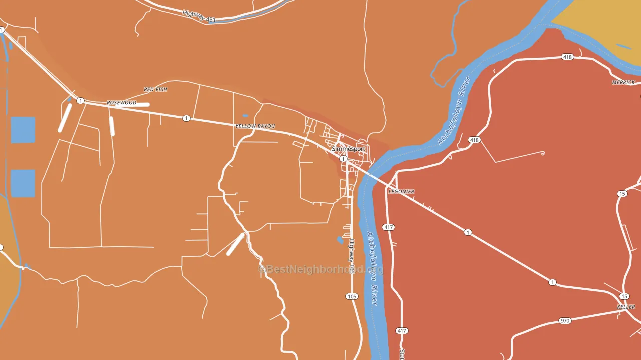 Map of the best neighborhoods in the Simmesport area, with better matches in green and worse matches in red