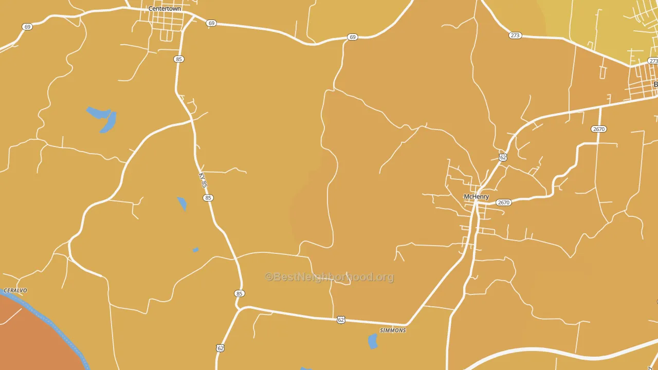 Map of the best neighborhoods in the Simmons area, with better matches in green and worse matches in red