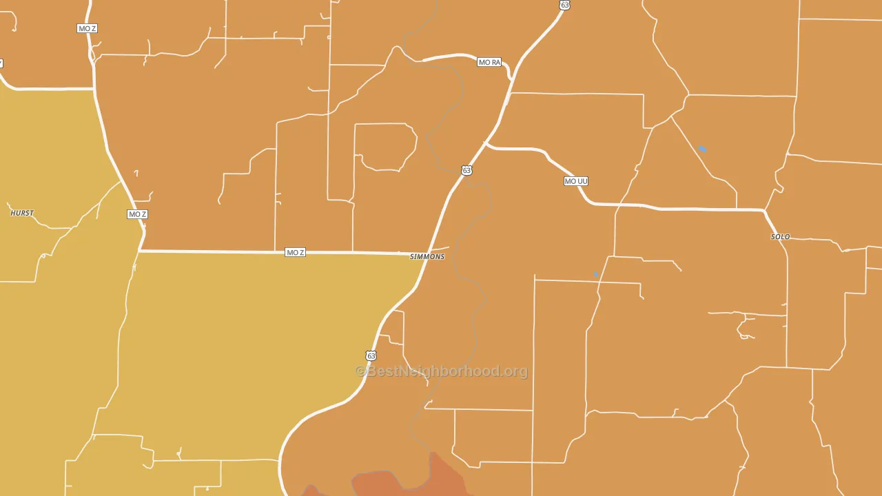 Map of the best neighborhoods in the Simmons area, with better matches in green and worse matches in red