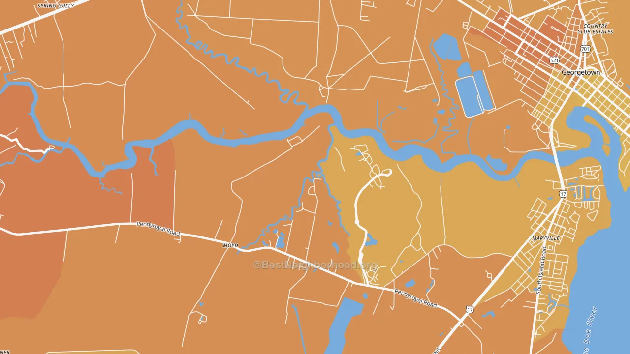 Map of the best neighborhoods in the Simmonsville area, with better matches in green and worse matches in red