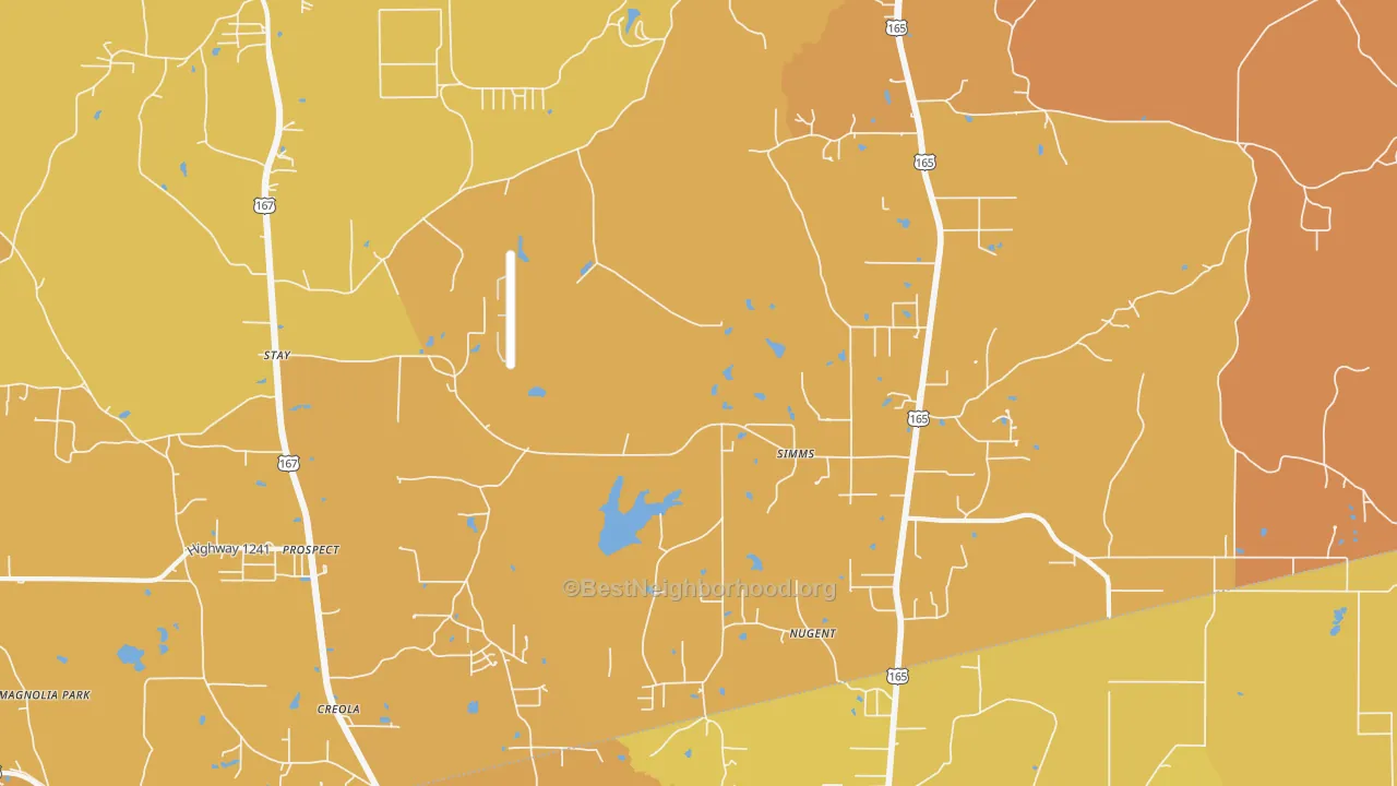 Map of the best neighborhoods in the Simms area, with better matches in green and worse matches in red