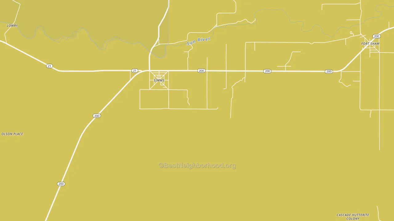 Map of the best neighborhoods in the Simms area, with better matches in green and worse matches in red