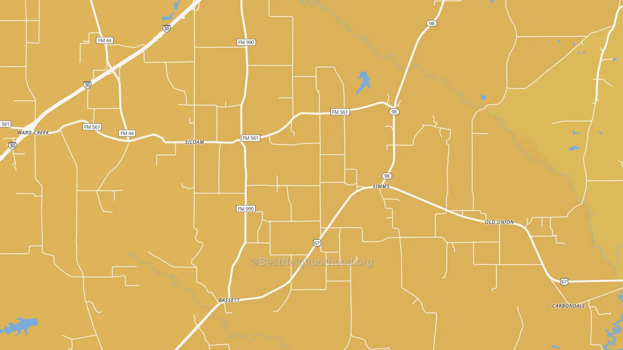 Map of the best neighborhoods in the Simms area, with better matches in green and worse matches in red