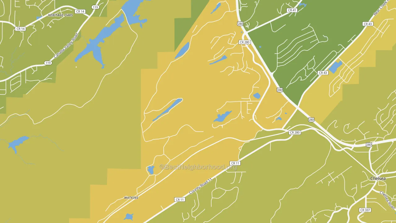 Map of the best neighborhoods in the Simmsville area, with better matches in green and worse matches in red