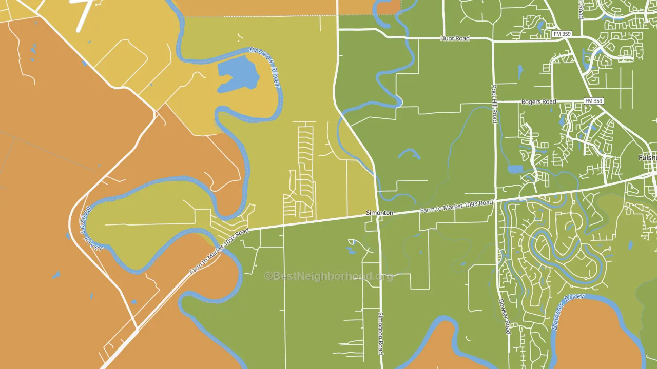 Map of the best neighborhoods in the Simonton area, with better matches in green and worse matches in red
