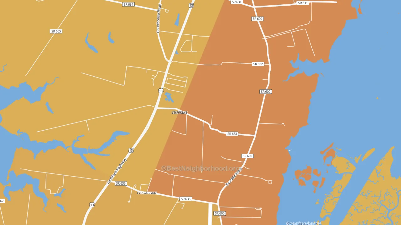 Map of the best neighborhoods in the Simpkins area, with better matches in green and worse matches in red