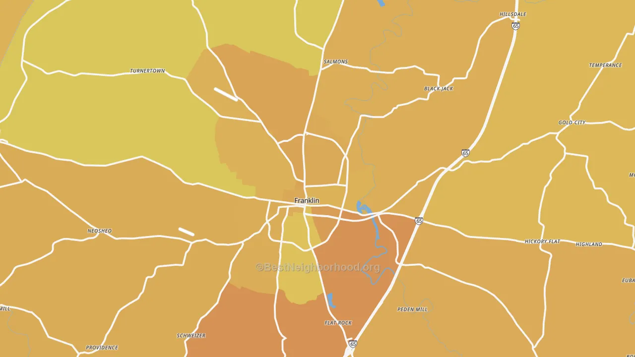 Map of the best neighborhoods in the Simpson County area, with better matches in green and worse matches in red