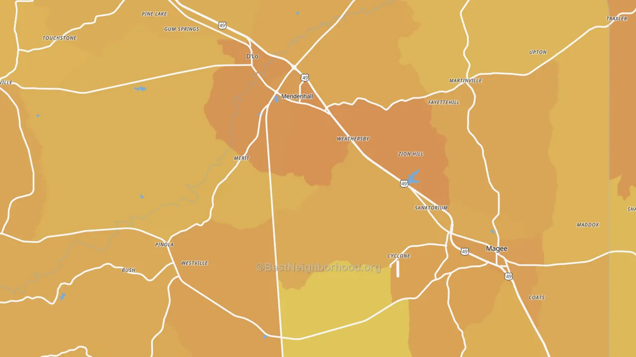 Map of the best neighborhoods in the Simpson County area, with better matches in green and worse matches in red