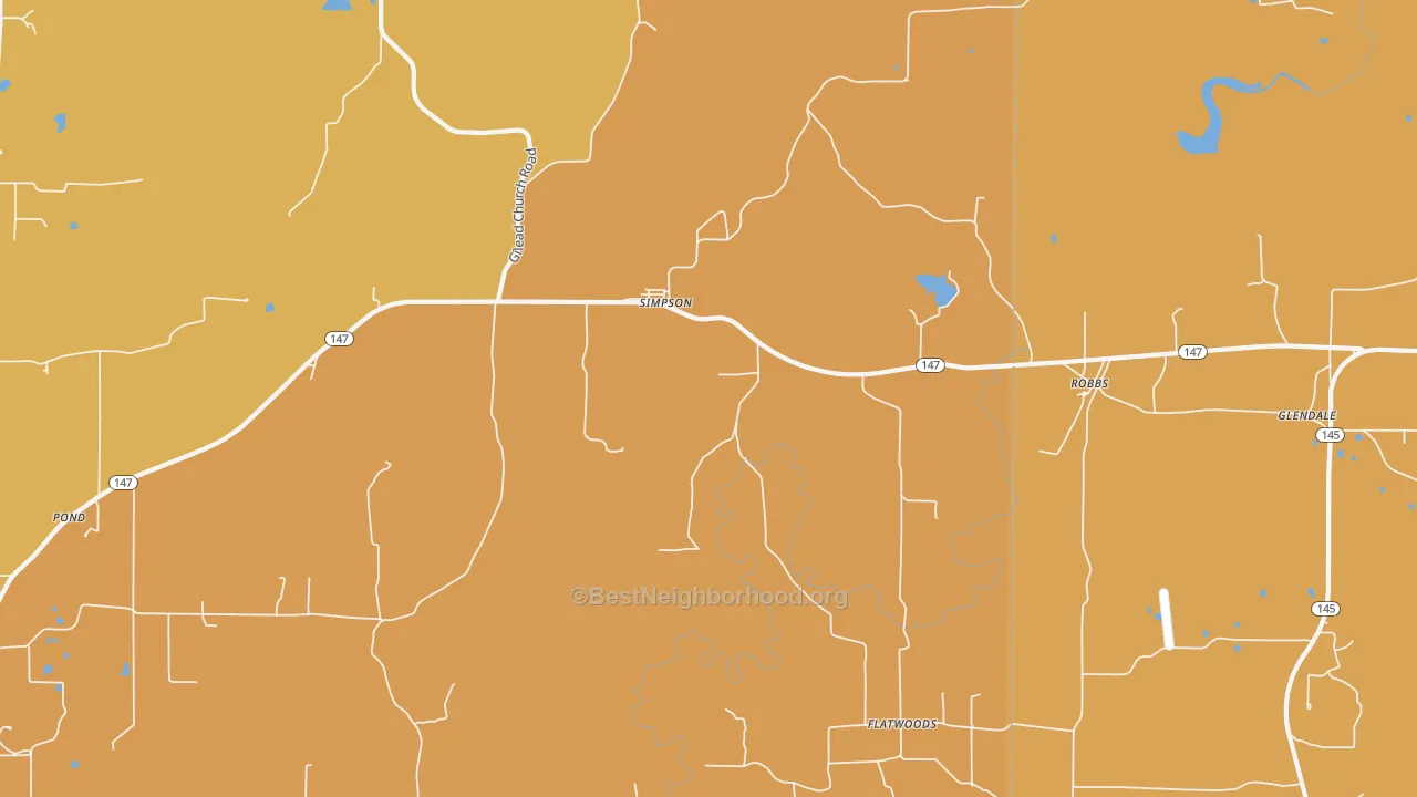 Map of the best neighborhoods in the Simpson area, with better matches in green and worse matches in red