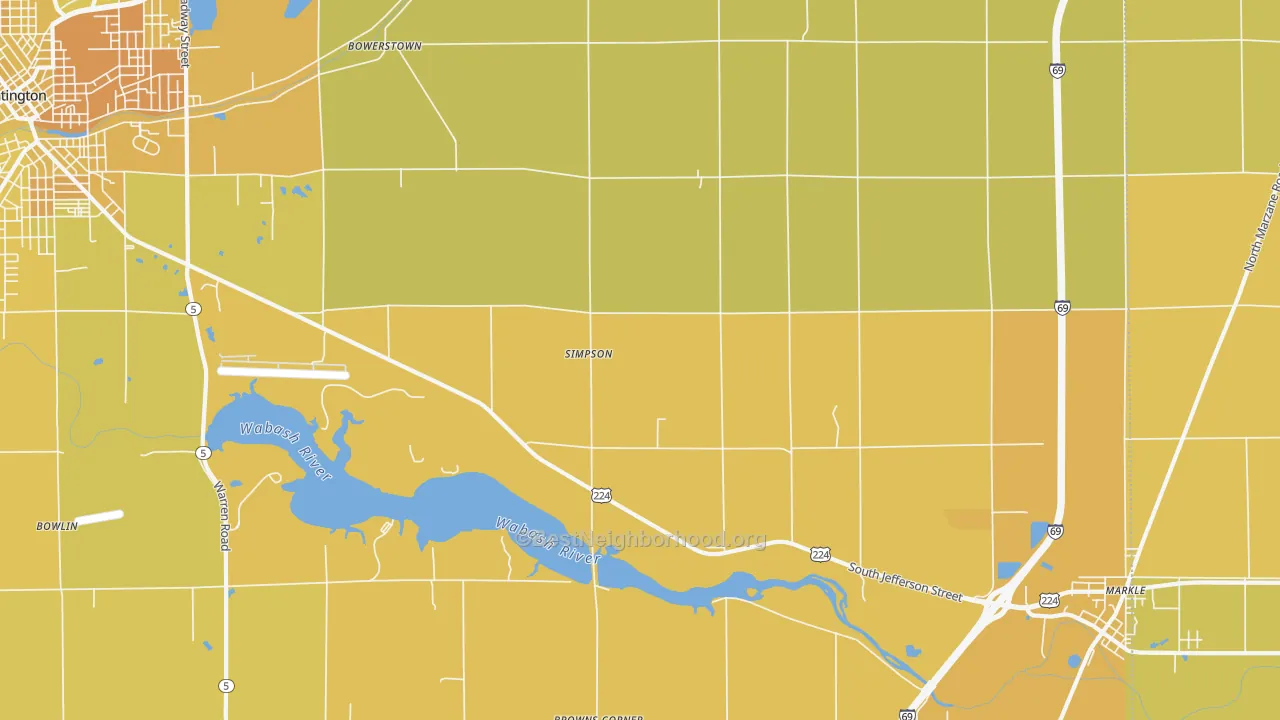Map of the best neighborhoods in the Simpson area, with better matches in green and worse matches in red