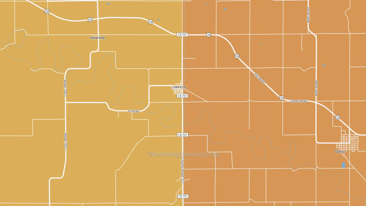 Map of the best neighborhoods in the Simpson area, with better matches in green and worse matches in red