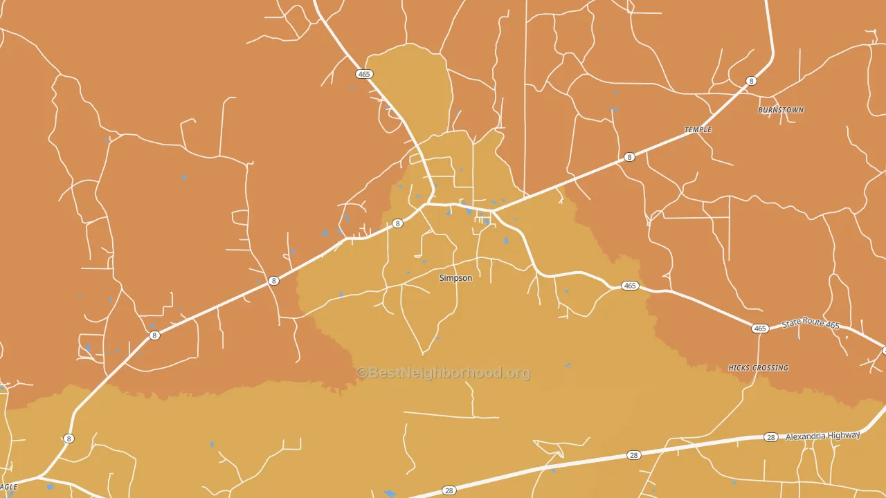 Map of the best neighborhoods in the Simpson area, with better matches in green and worse matches in red