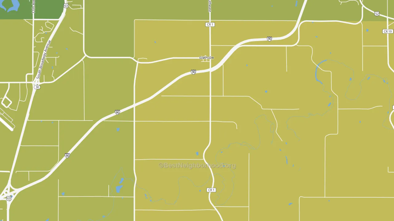 Map of the best neighborhoods in the Simpson area, with better matches in green and worse matches in red