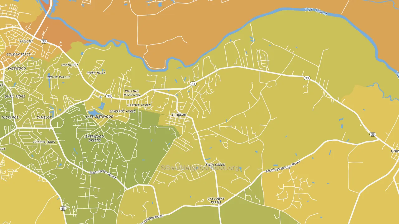 Map of the best neighborhoods in the Simpson area, with better matches in green and worse matches in red