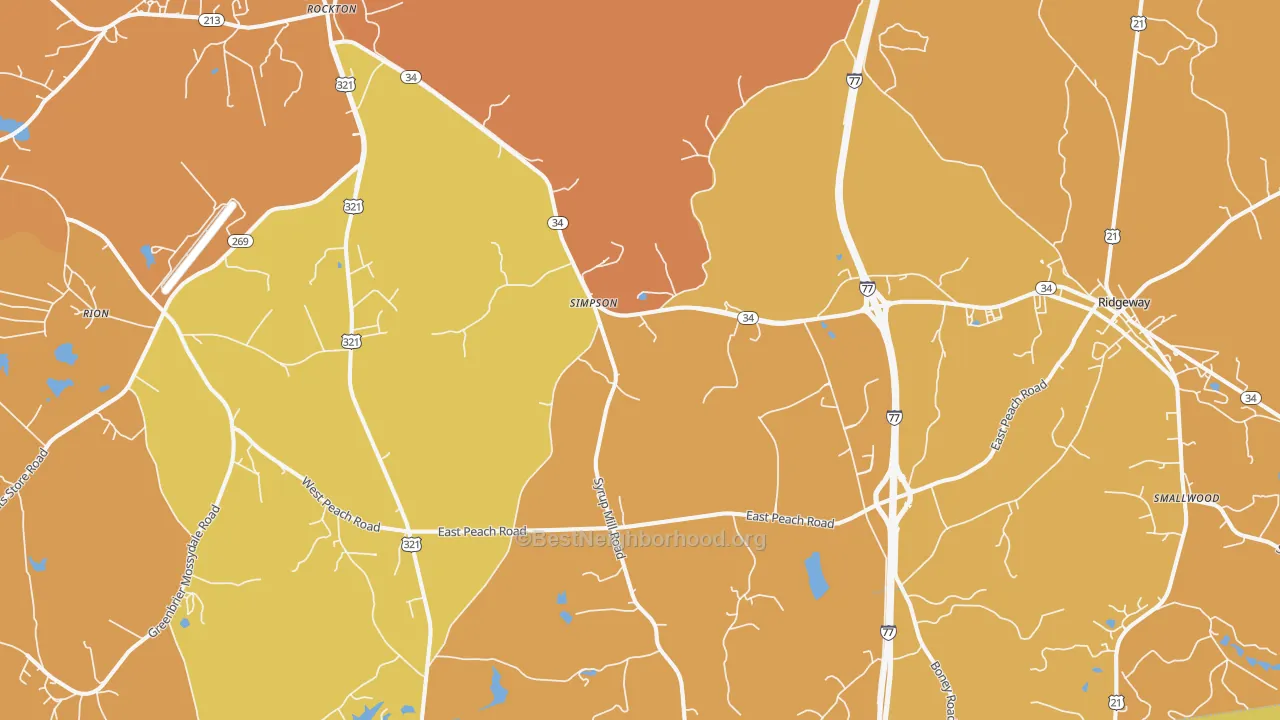 Map of the best neighborhoods in the Simpson area, with better matches in green and worse matches in red
